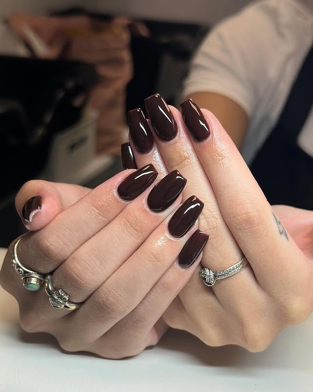 22. Dark Chocolate Brown Coffin Nails High Gloss - dark coffin nail ideas