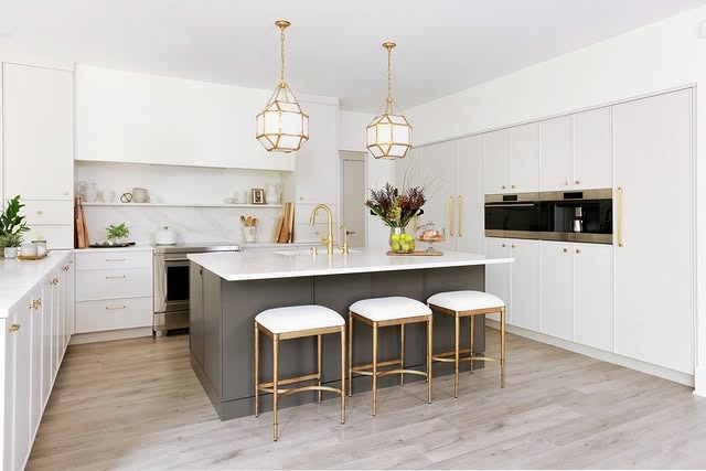 6. Refined White and Gray Kitchen with Gold Accents - white countertop kitchen ideas