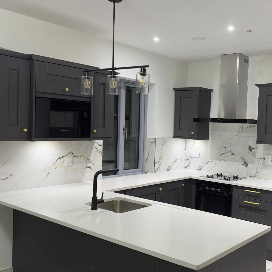 16. Bold Contrast Kitchen with White Countertops and Charcoal Cabinetry - white countertop kitchen ideas