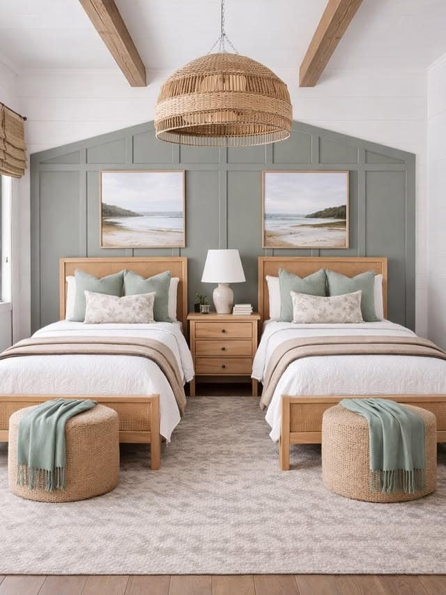 3. Sage Green Accent Wall with Light Wood Twin Beds - white wall bedroom ideas