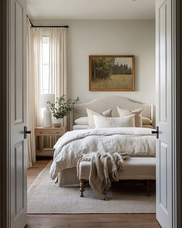 5. Minimal White Bedroom with Warm Linen Textures - white wall bedroom ideas