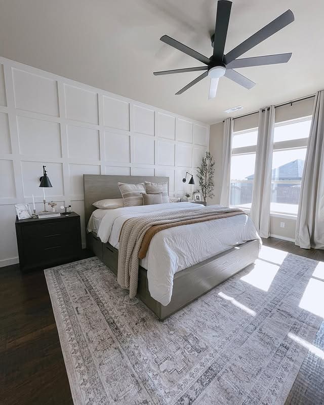 7. Grid Panel White Wall with Black and Neutral Accents - white wall bedroom ideas