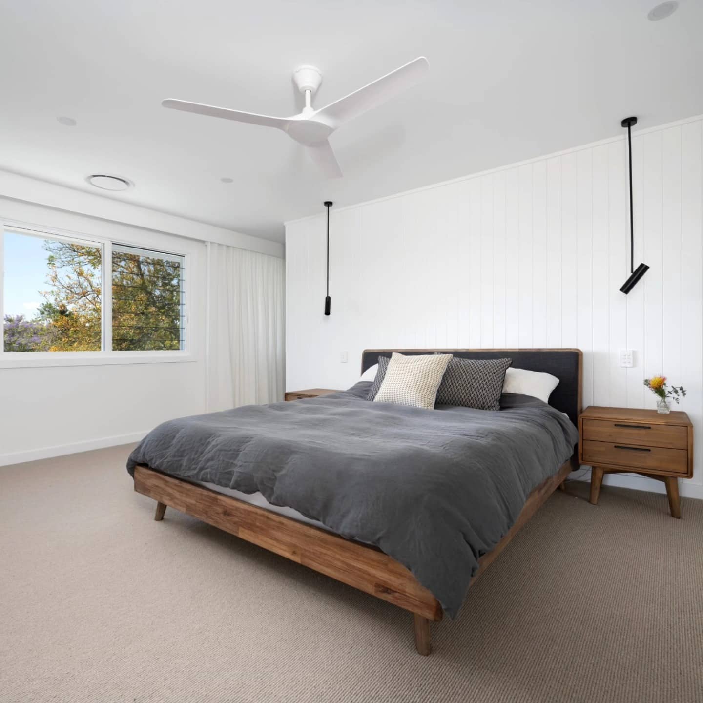8. Minimalist White Bedroom with Floating Wood Bed Frame - white wall bedroom ideas