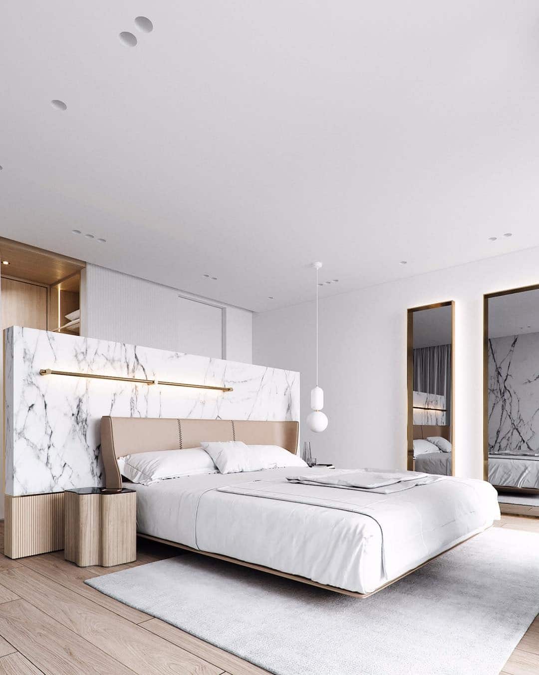 9. Contemporary White Bedroom with Marble and Wood Features - white wall bedroom ideas