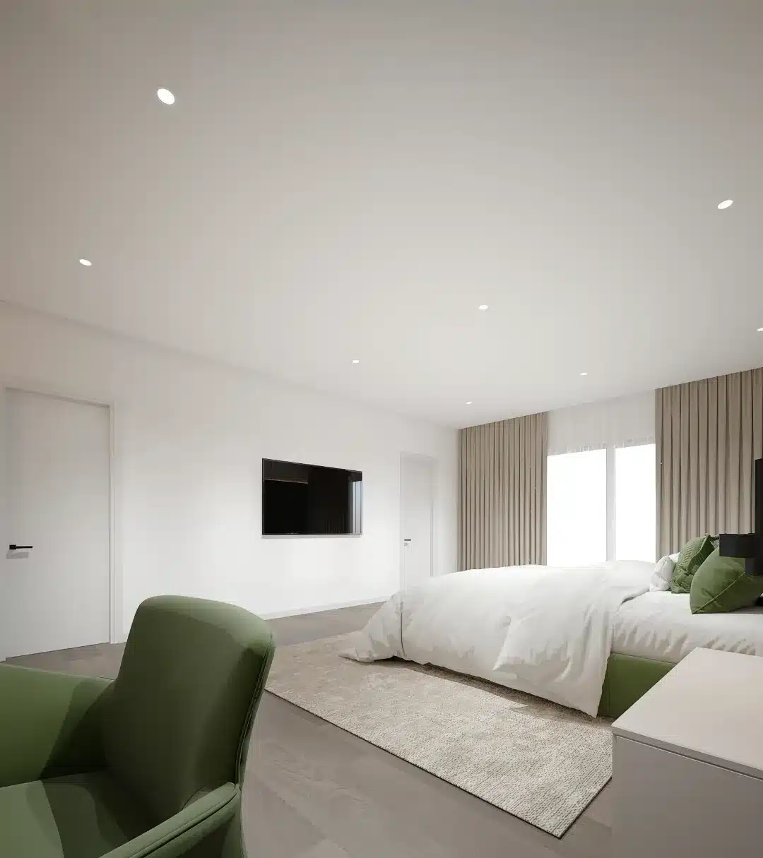 11. Minimal White Bedroom with Olive Green Accents - white wall bedroom ideas