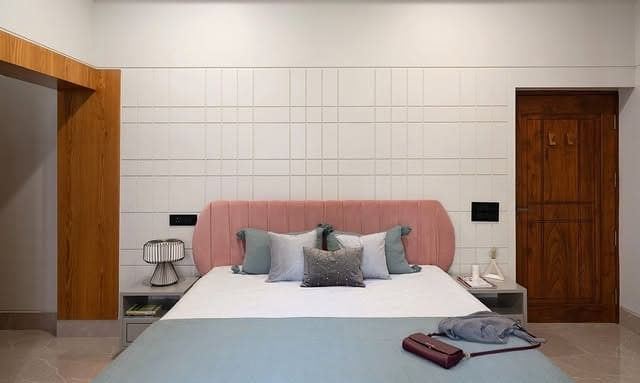 12. White Panel Wall with Blush Pink Upholstered Headboard - white wall bedroom ideas