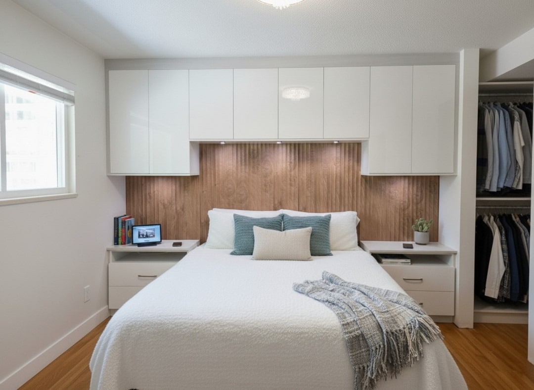 18. Compact White Bedroom with Built-In Storage and Wood Accent Wall - white wall bedroom ideas