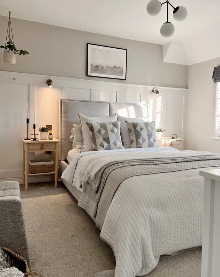 22. White Panel Wall Bedroom with Warm Grey and Soft Neutrals - white wall bedroom ideas