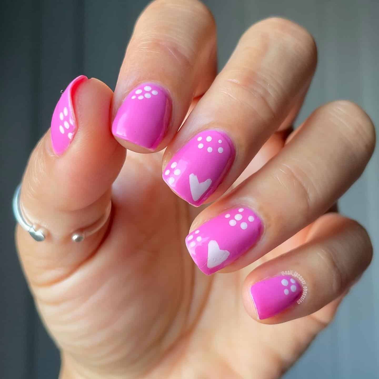 4. Bright Pink Short Nails with Heart Details - minimalistic nail ideas