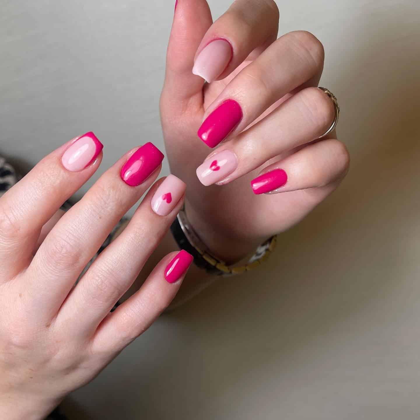 7. Pink and Blush Color Block Nails with Mini Hearts - minimalistic nail ideas