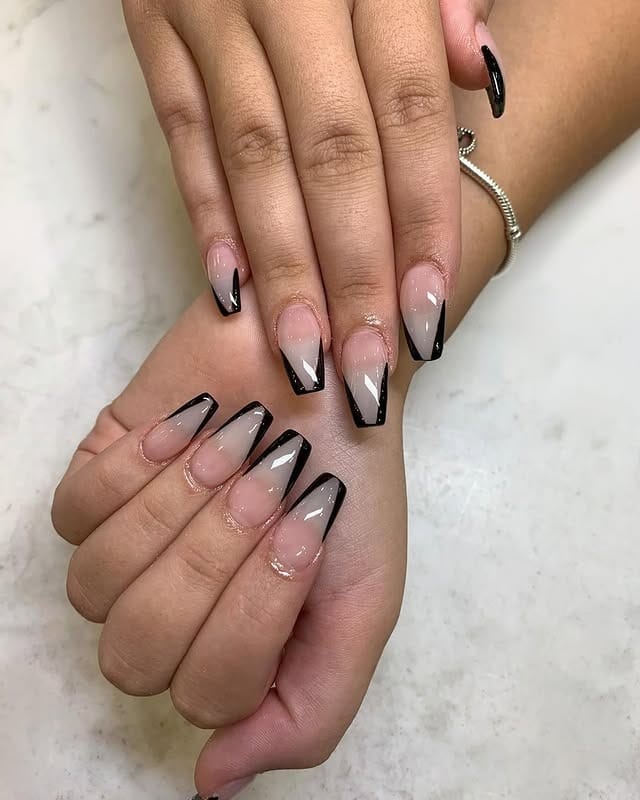 11. Nude Coffin Nails with Angled Black French Tips - minimalistic nail ideas