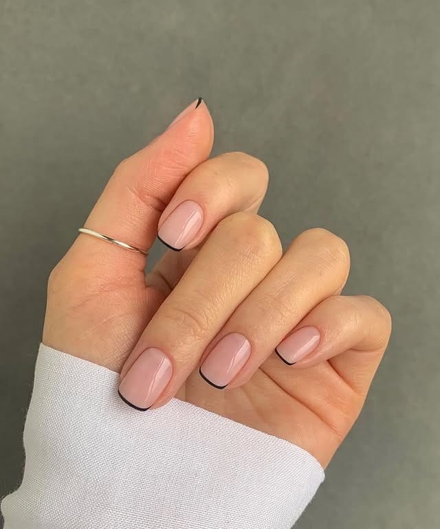 13. Short Nude Square Nails with Micro Black French Tips - minimalistic nail ideas