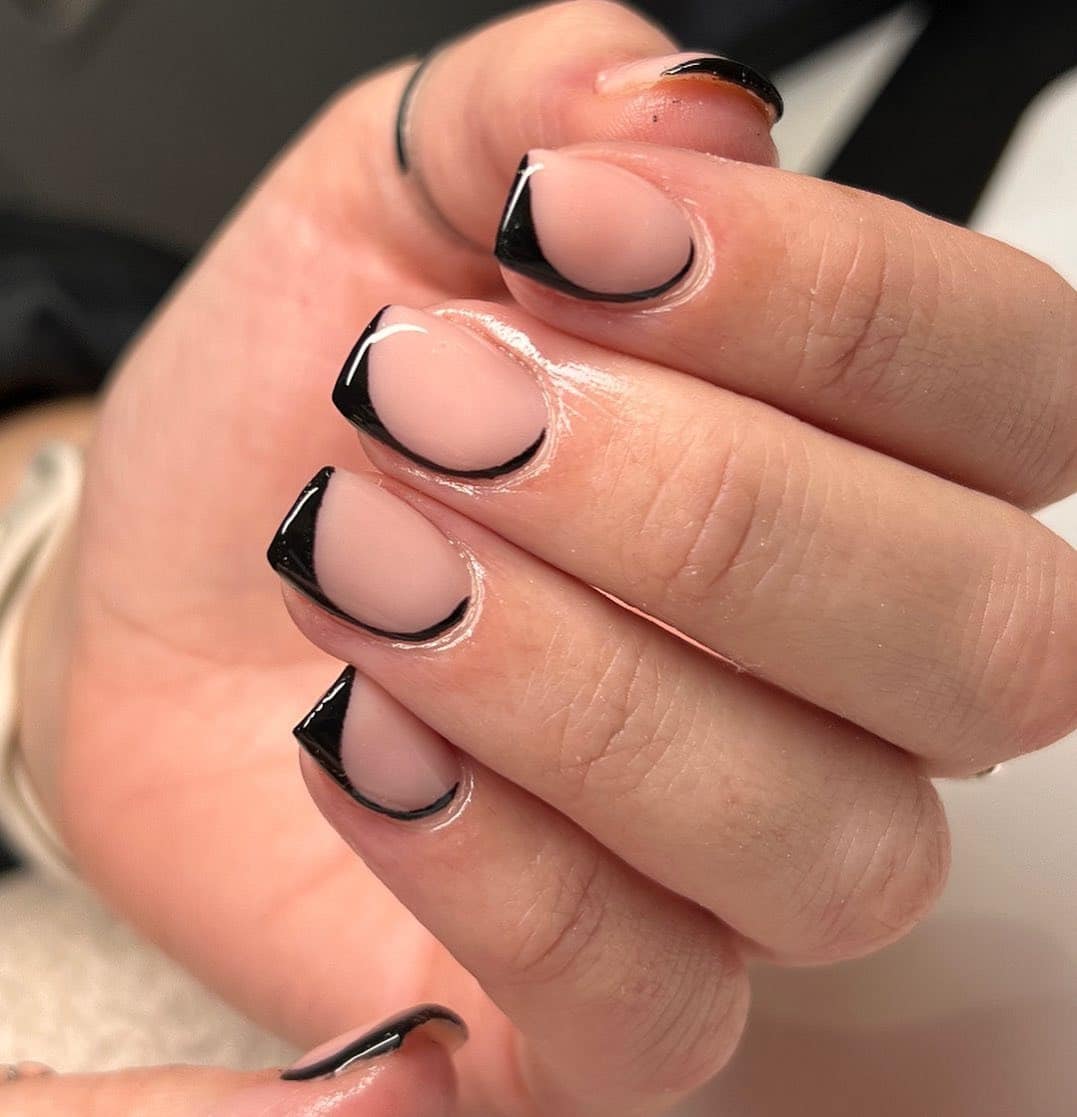 17. Matte Nude Square Nails with Bold Black French Tips - minimalistic nail ideas