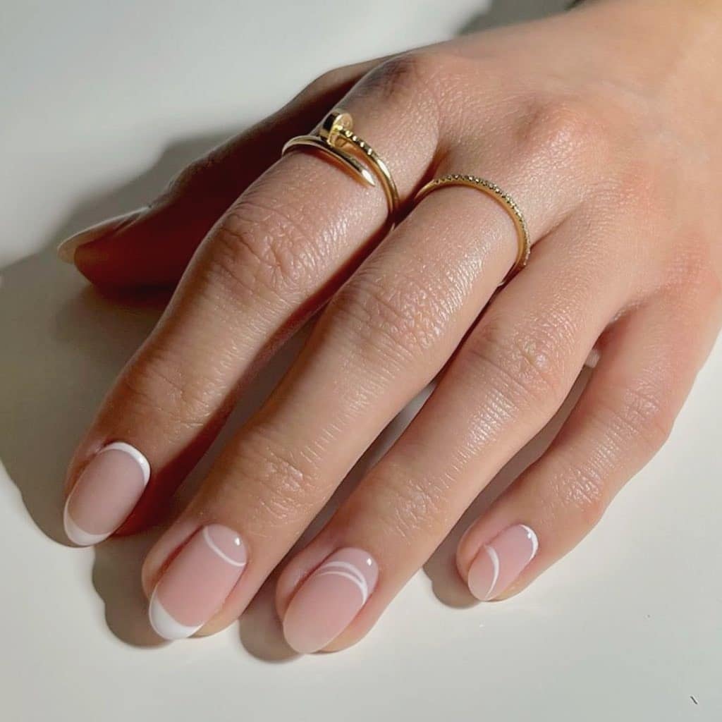 20. Natural Nude Short Nails with Double White French Lines - minimalistic nail ideas