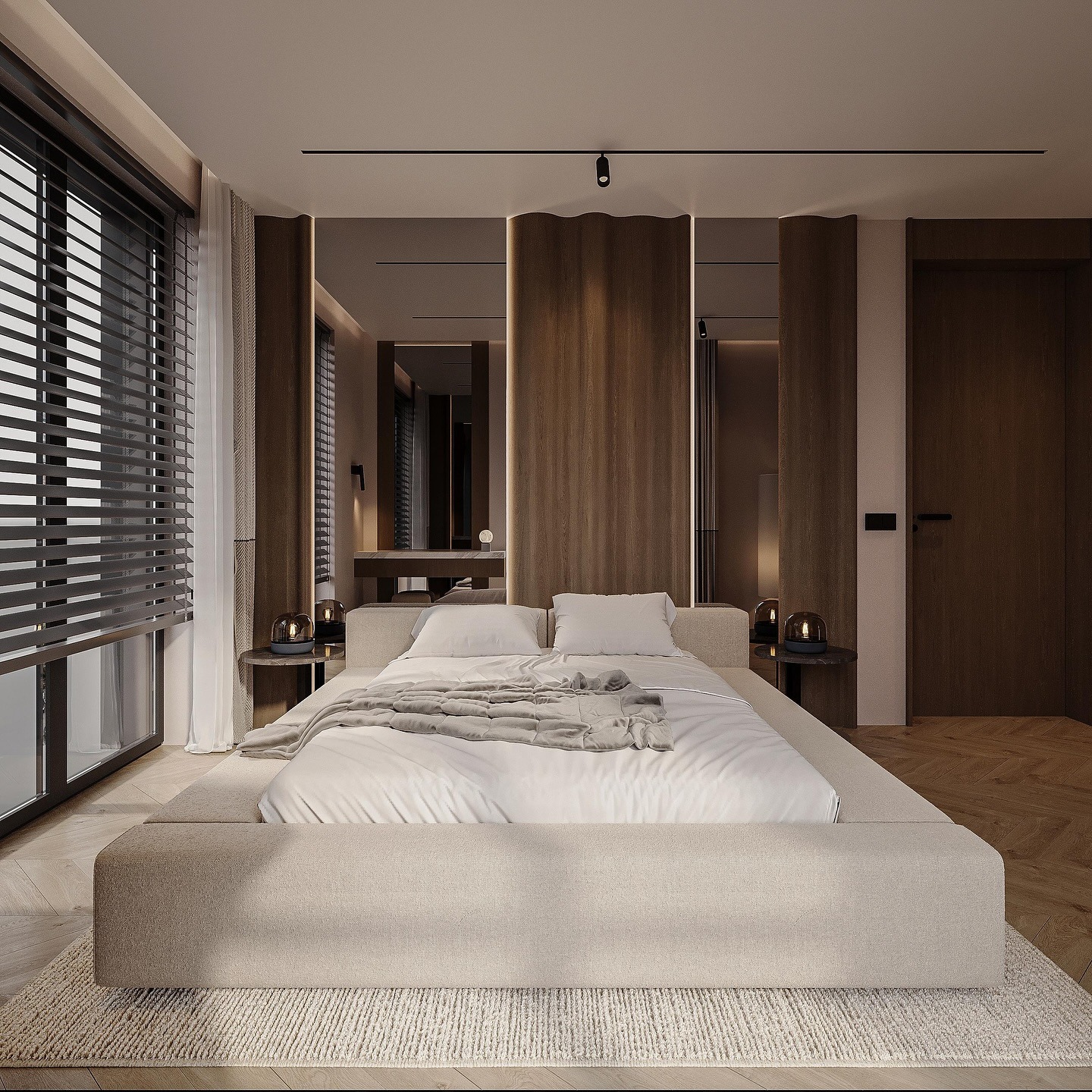 1. Warm Wood Panel Bedroom with Linear Mirror Accents - bedroom ideas with mirror