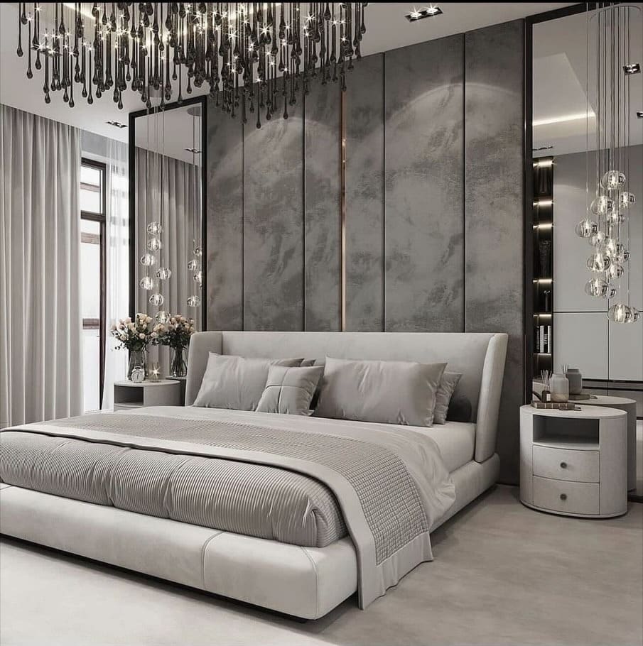 4. Luxe Panel Bedroom with Mirrored Surfaces and Crystal Lighting - bedroom ideas with mirror