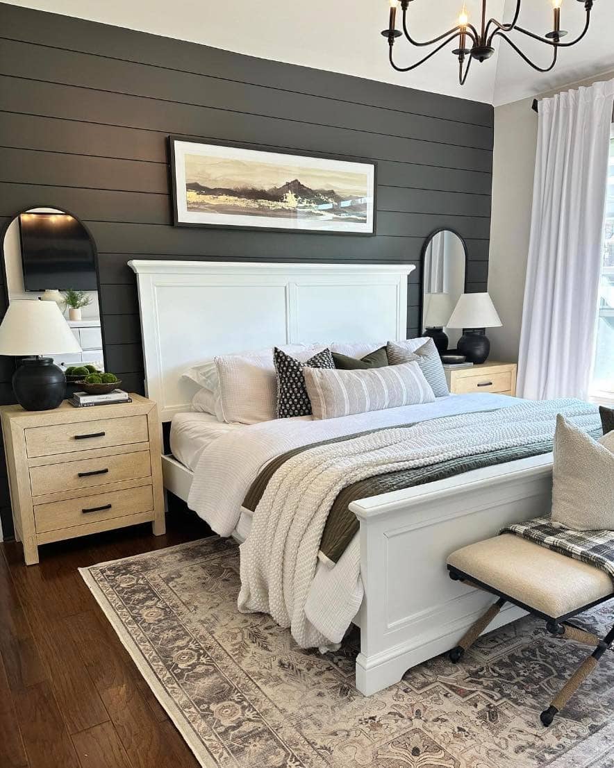 6. Modern Farmhouse Bedroom with Accent Mirror Styling - bedroom ideas with mirror