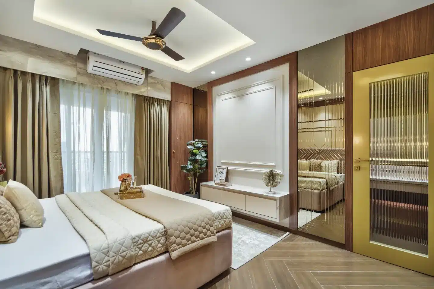 7. Contemporary Bedroom with Glass and Gold Mirror Details - bedroom ideas with mirror