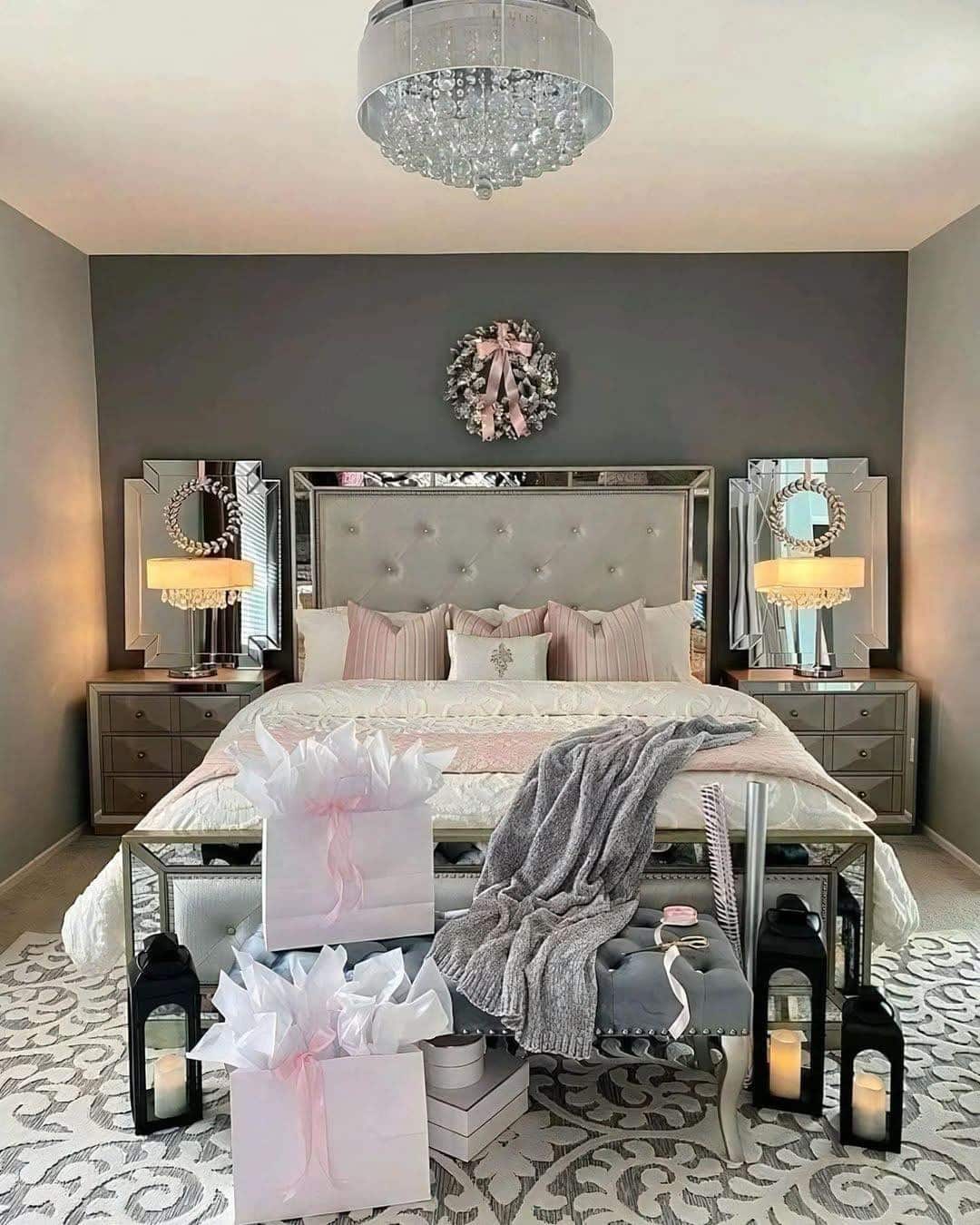 8. Soft Glam Bedroom with Mirrored Nightstand Features - bedroom ideas with mirror