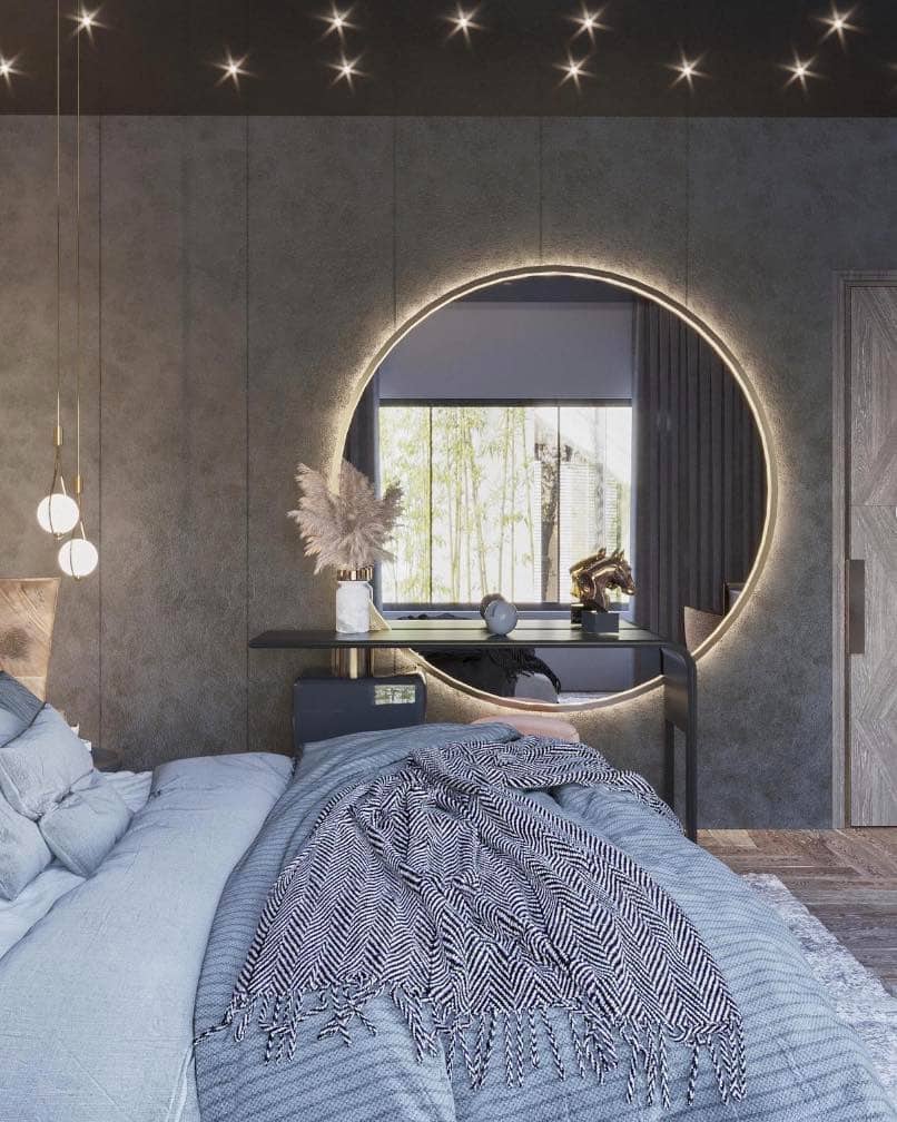 9. Minimal Bedroom with Circular Backlit Mirror Focus - bedroom ideas with mirror
