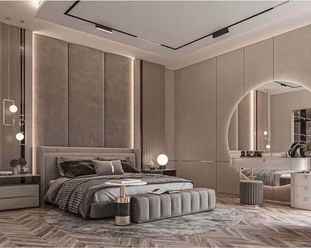 10. Contemporary Panel Bedroom with Integrated Mirror Vanity - bedroom ideas with mirror
