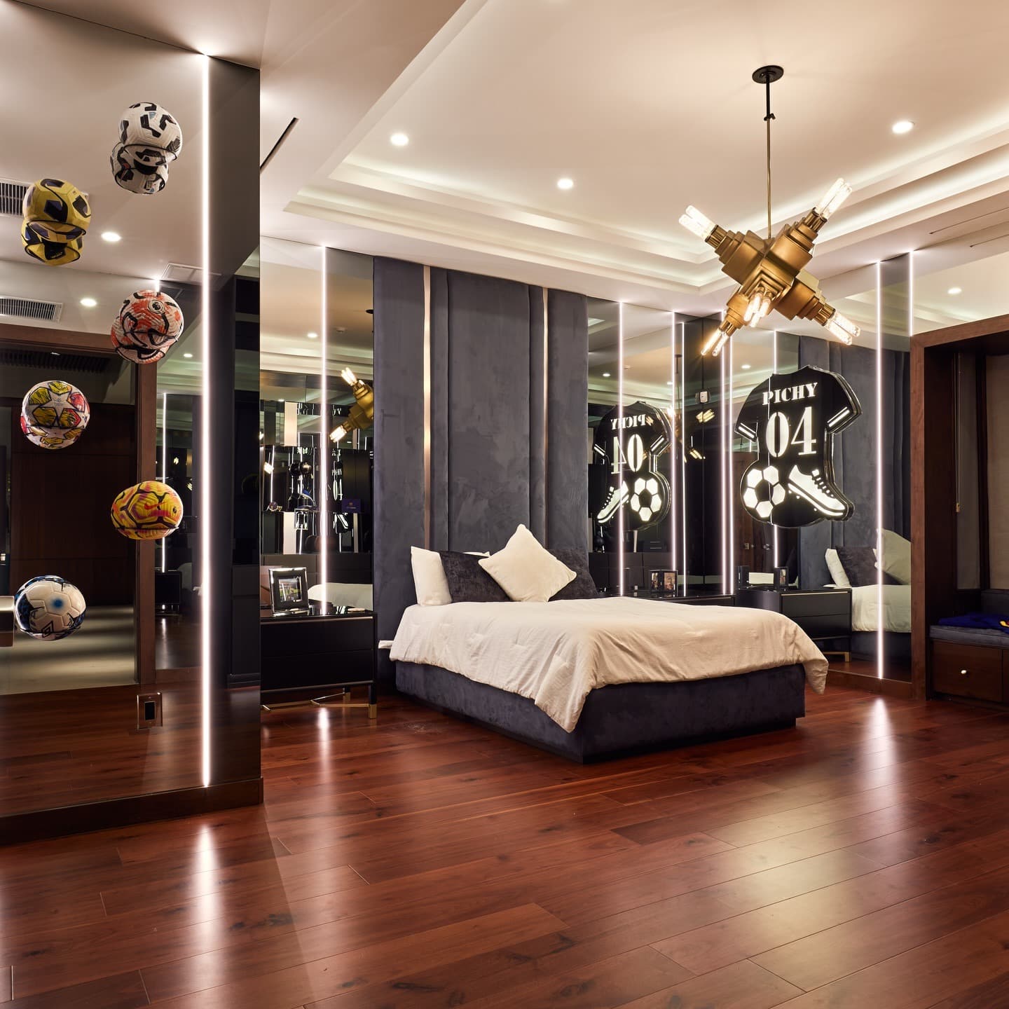 12. Moody Charcoal Bedroom with Full Mirror Wall and Accent Lighting - bedroom ideas with mirror