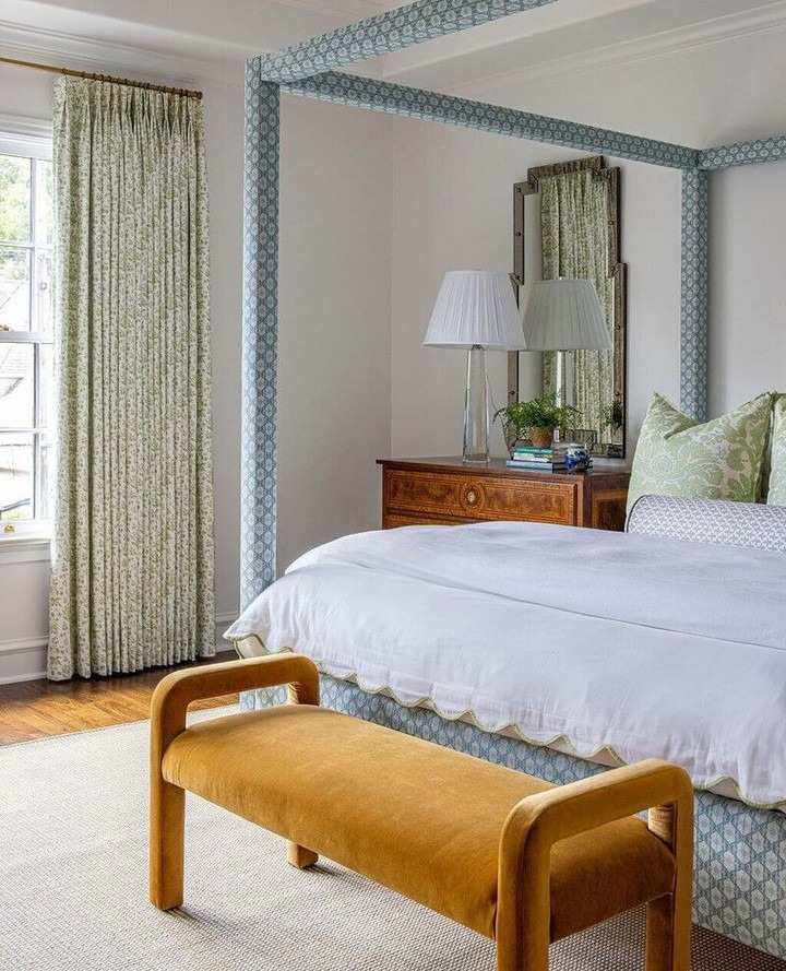 13. Classic Patterned Bedroom with Framed Mirror Detail - bedroom ideas with mirror