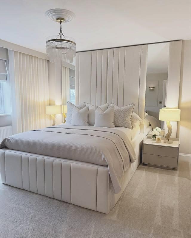 14. Soft Ivory Bedroom with Panel Headboard and Mirror Wall - bedroom ideas with mirror