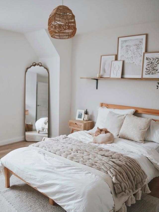 19. Minimal Scandinavian Bedroom with Floor Mirror and Light Wood Tones - bedroom ideas with mirror
