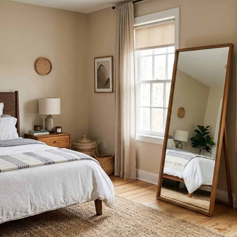 20. Cozy Neutral Bedroom with Leaning Mirror and Warm Wood Accents - bedroom ideas with mirror