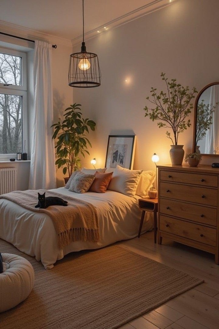 4. Warm Minimal Bedroom with Ambient Lighting and Natural Touches - small guest bedroom ideas