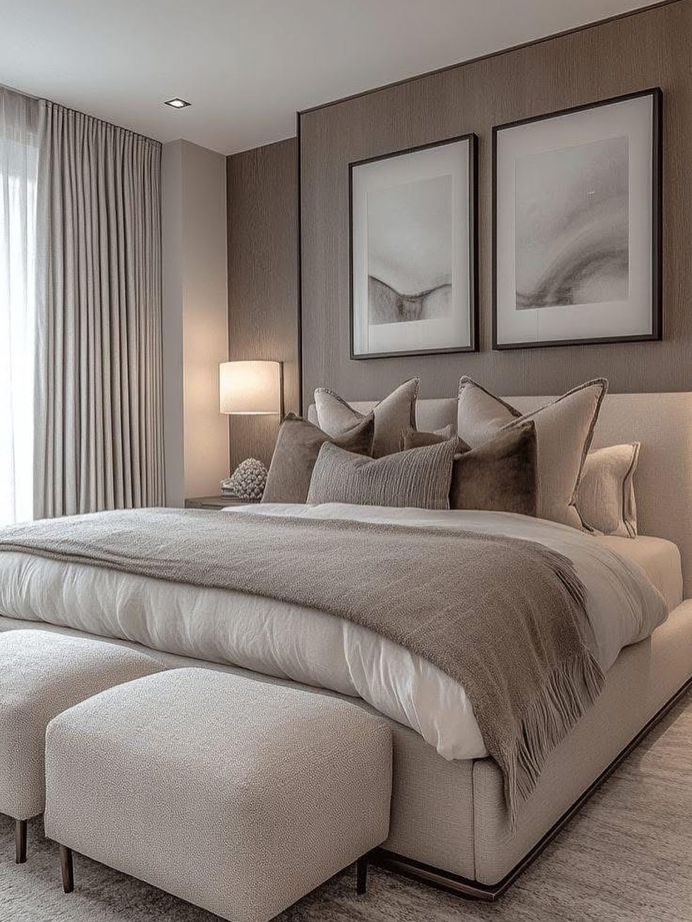 6. Contemporary Taupe Bedroom with Upholstered Layers - small guest bedroom ideas