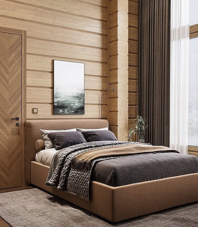 10. Modern Wood-Clad Bedroom with Warm Earthy Palette - small guest bedroom ideas