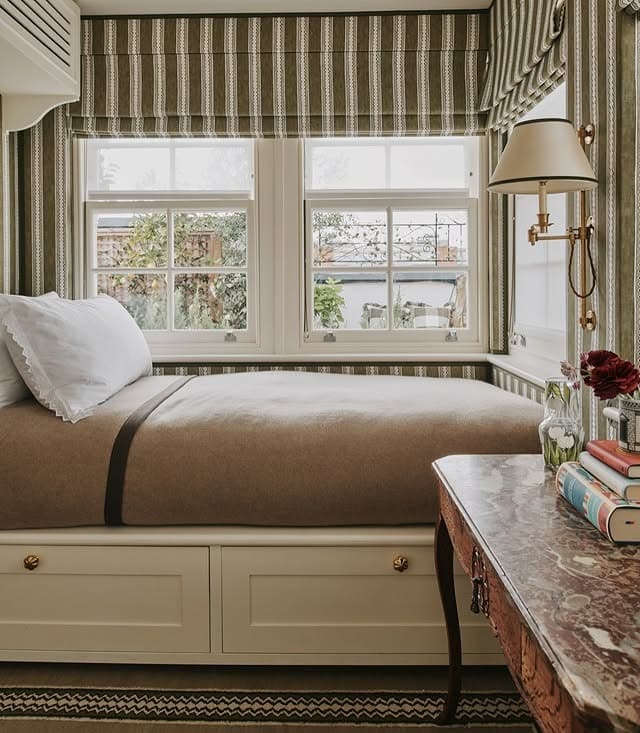 11. Classic Olive and Cream Window Nook Bedroom - small guest bedroom ideas