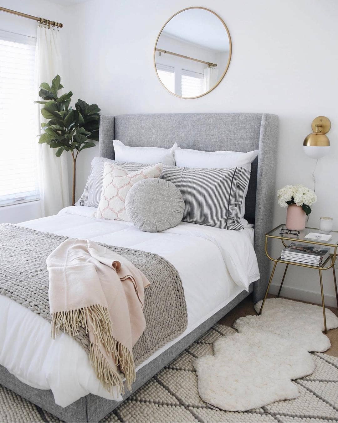 12. Soft Gray and White Bedroom with Brass Accents - small guest bedroom ideas