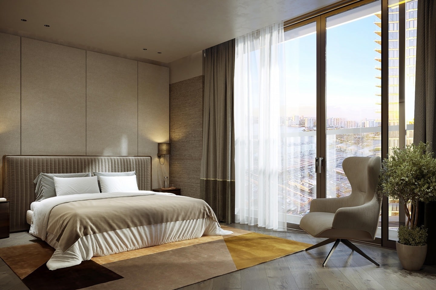 14. Contemporary Beige Bedroom with Floor-to-Ceiling Windows - small guest bedroom ideas