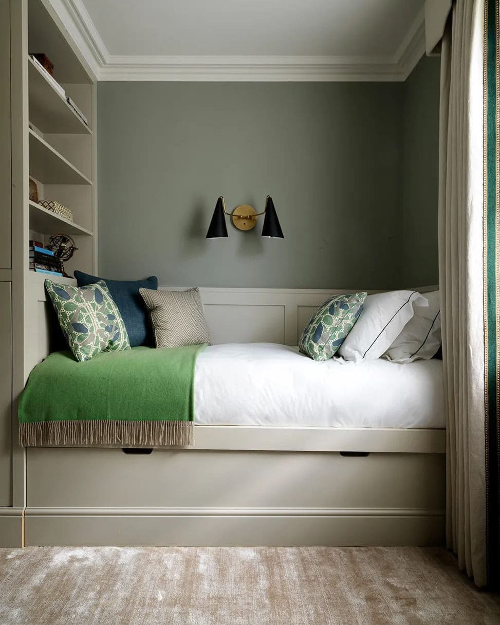 15. Compact Sage Green Built-In Niche Bedroom - small guest bedroom ideas