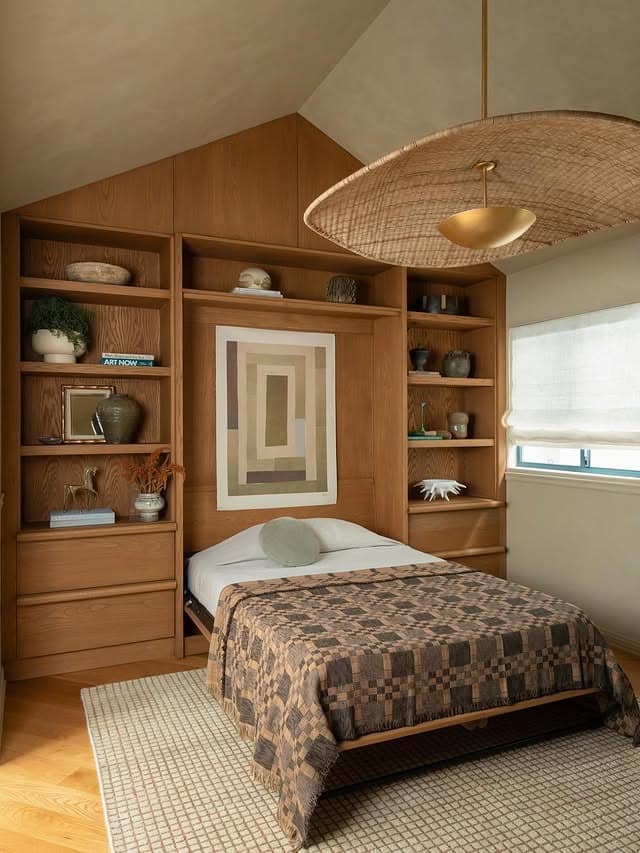 17. Mid-Century Wood Built-In Bedroom with Earth Tones - small guest bedroom ideas