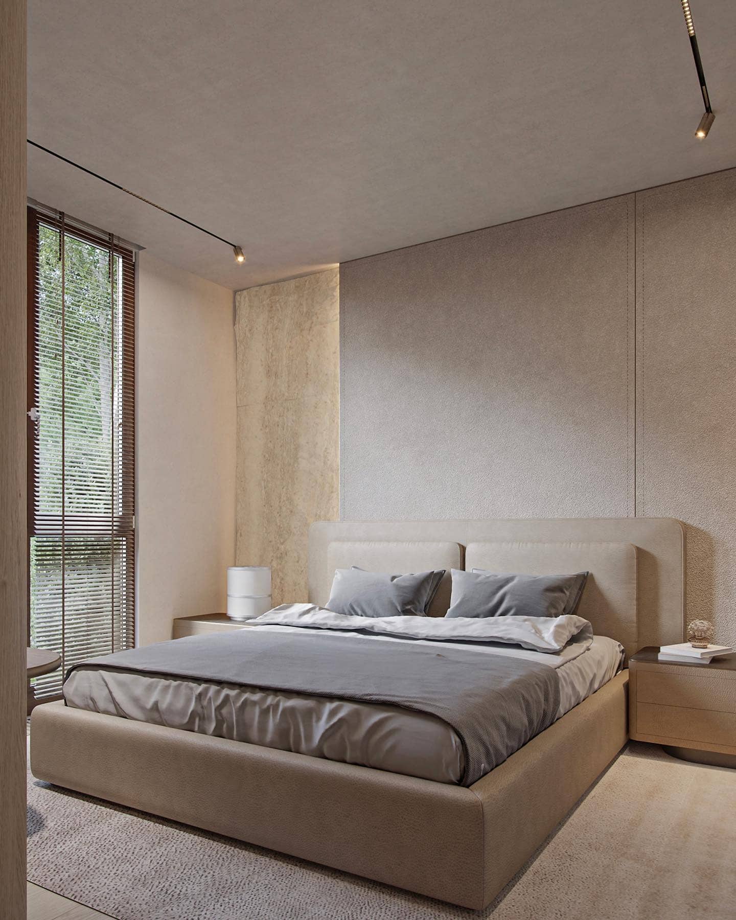 19. Modern Taupe Bedroom with Textured Wall Panels - small guest bedroom ideas