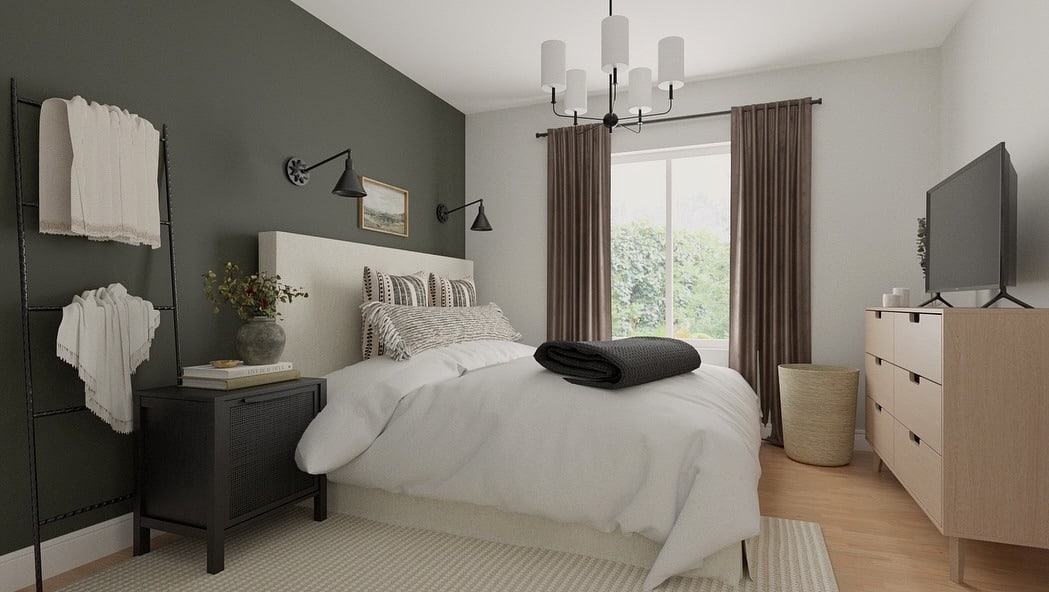 20. Modern Green Accent Bedroom with Black and Wood Details - small guest bedroom ideas