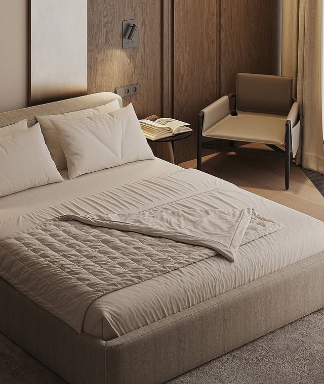 22. Modern Taupe and Wood Bedroom with Minimal Styling - small guest bedroom ideas