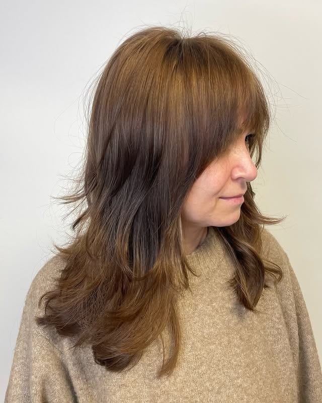 2. Chestnut Feathered Shag with Curtain Fringe - Layered Shaggy Hairstyles