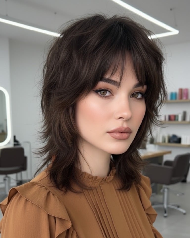 22. Rich Brunette Feathered Shag with Layered Fringe - Short Shaggy And Wispy Haircuts