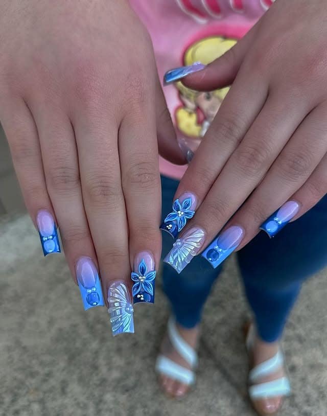 3. Blue Ombre Butterfly Acrylic Nails - blue nail ideas