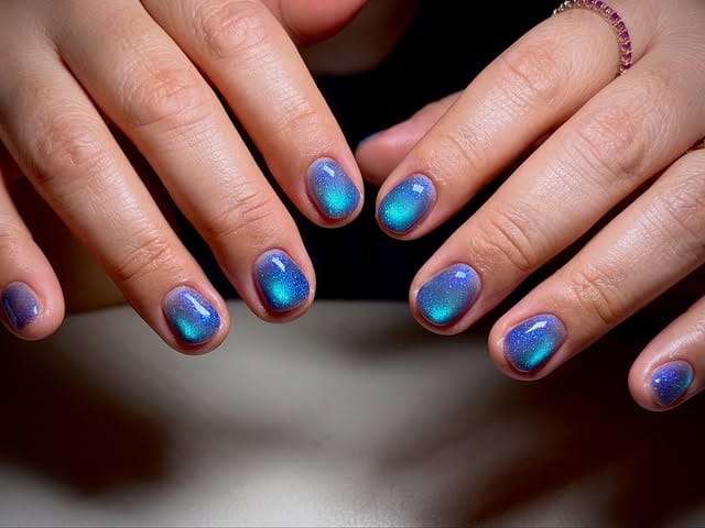 7. Iridescent Blue Chrome Short Nails - blue nail ideas
