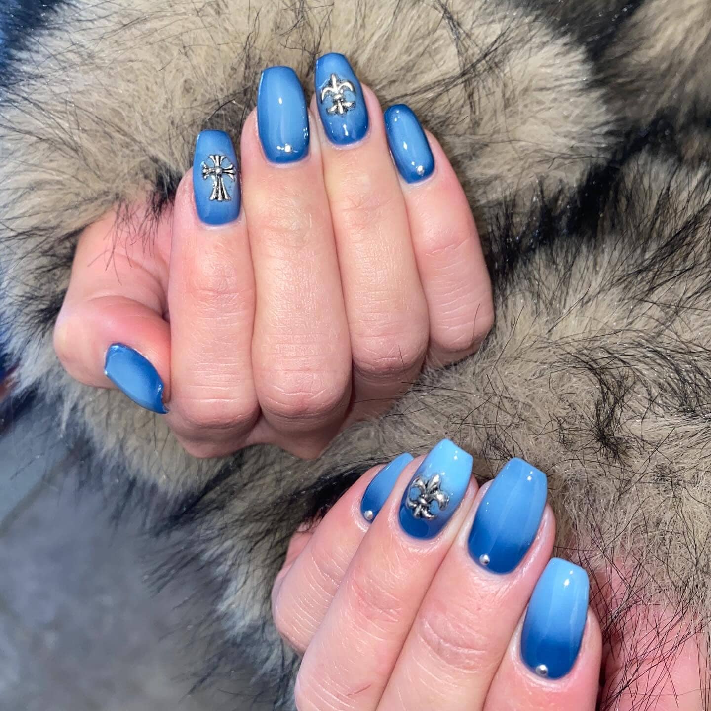 14. Blue Ombre Coffin Nails with Silver Charms - blue nail ideas