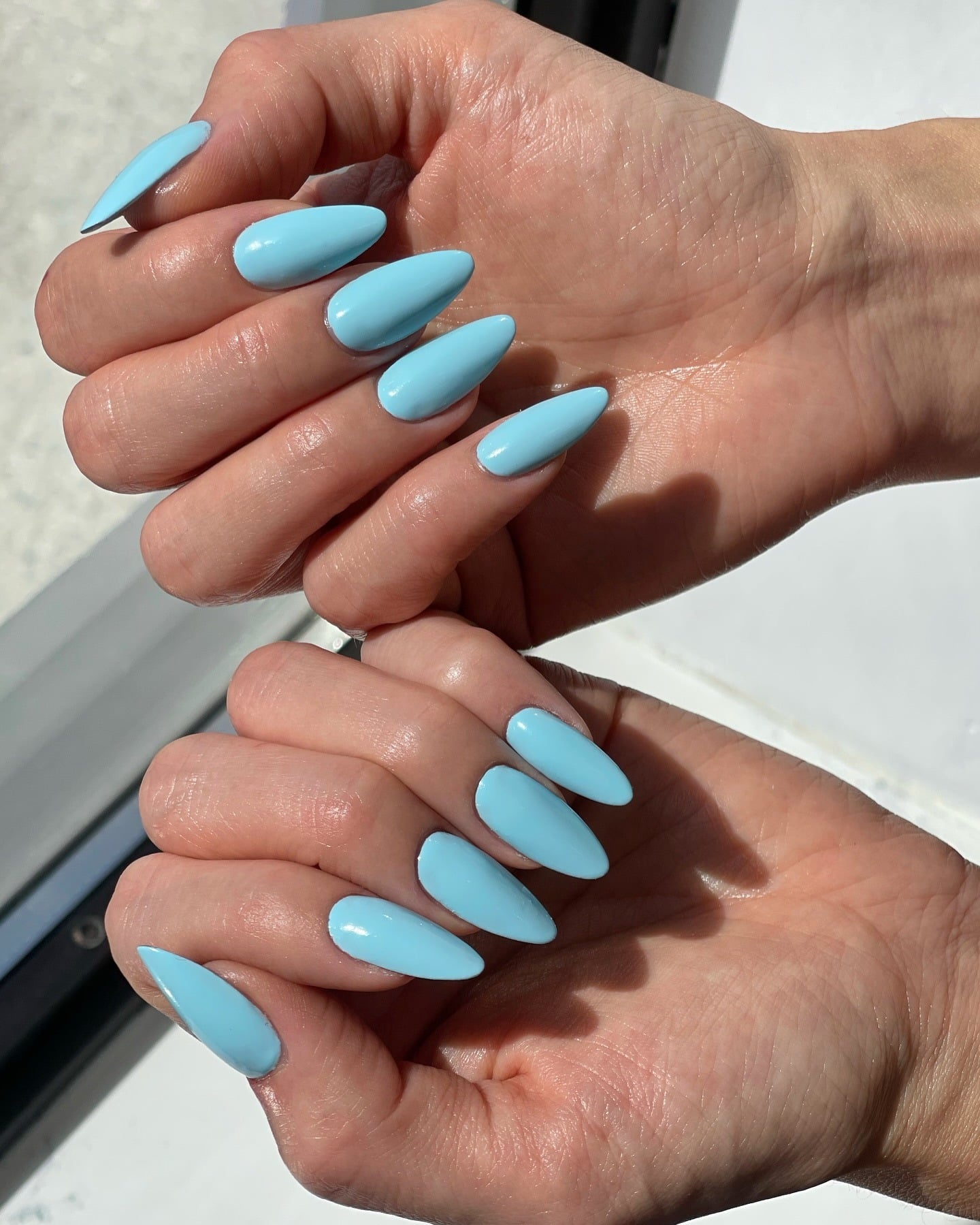 18. Pastel Blue Almond Nails - blue nail ideas