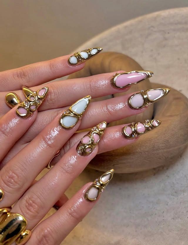 4. Gold Chrome Frame Almond Nails with Soft Pink Base - nail ideas with gold