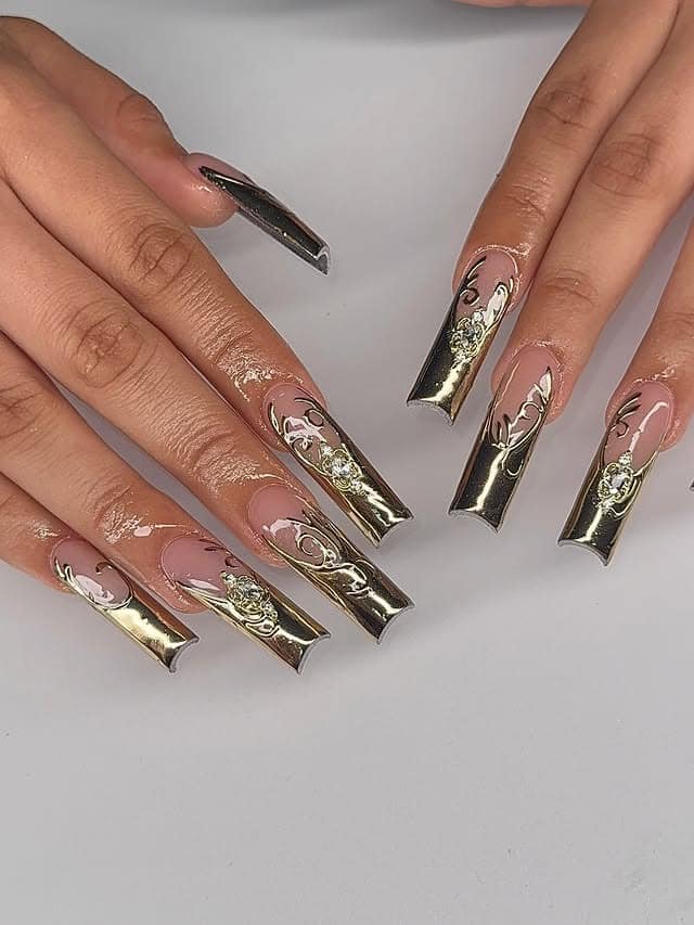 6. Gold Chrome French Tip Coffin Nails with Embellishments - nail ideas with gold