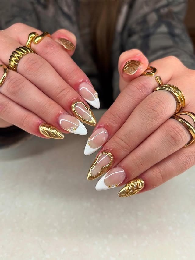 8. Modern Gold Outline French Almond Nails - nail ideas with gold